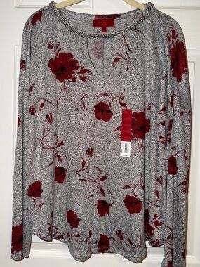 Jennifer Lopez Women’s Embellished Neckline Grey Blouse with Red Floral Print